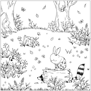 Pode incluir: Uma ilustra&ccedil;&atilde;o em preto e branco de uma cena de floresta com um coelho sentado em um tronco com um guaxinim. H&aacute; outros animais na cena, incluindo um esquilo, uma raposa e um ouri&ccedil;o.