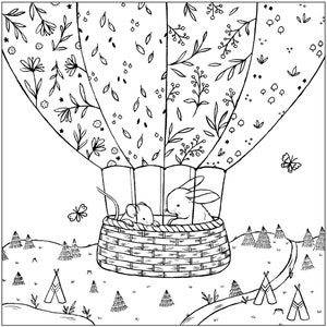 Pode incluir: Uma ilustra&ccedil;&atilde;o em preto e branco de um bal&atilde;o de ar quente com um padr&atilde;o floral. Um coelho e um rato est&atilde;o a andar na cesta do bal&atilde;o. O bal&atilde;o est&aacute; a voar sobre um campo com tipis.