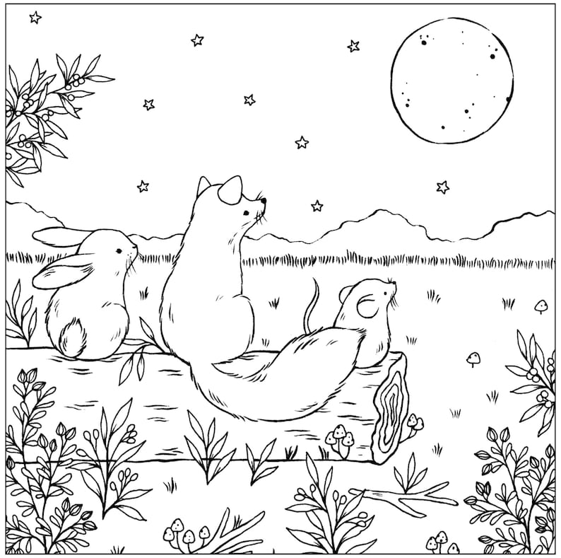 Pode incluir: Um desenho a preto e branco de uma raposa, um coelho e um rato sentados num tronco sob uma lua cheia e um c&eacute;u estrelado.