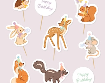 DIY Waldparty Cupcake Toppers | Cake Topper Kit | Hase, Eichhörnchen, Rehkitz, Igel, Fuchs, Maus, Stinktier | Waldtiere Geburtstag |
