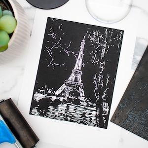 Linocut Eiffel Tower Print | Original Lino Cut Parisian Art | Signed | Paris Gift | Handprinted
