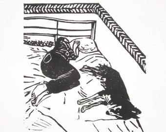 Sleeping Dog on Bed With Woman Linoprint Wall Art | Lino Cut Print | Dog Lover Gift | Decor for Bedroom