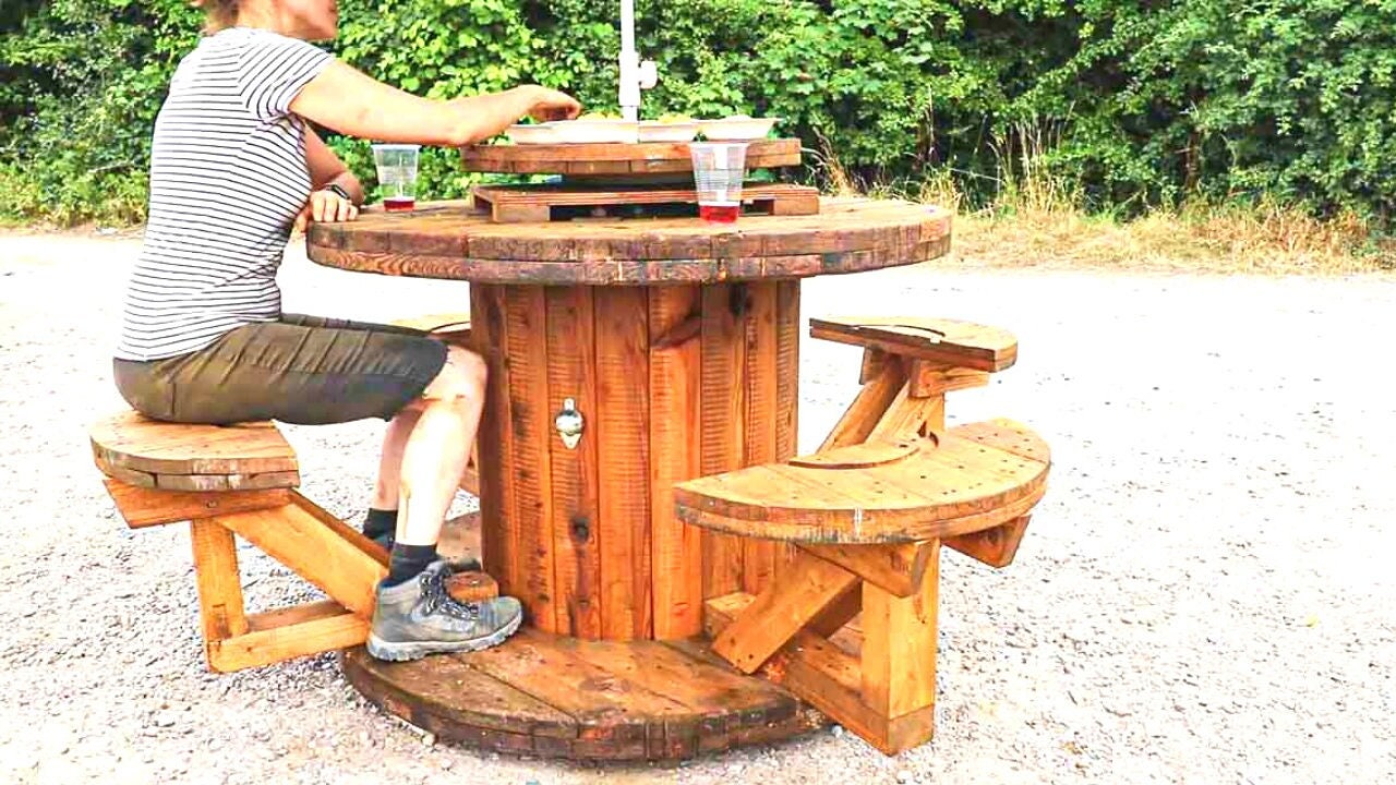 Cable spool repurposed as tables and chairs, house and garden furniture.