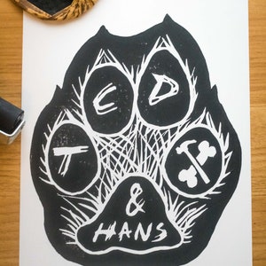 The Carpenter's Daughter TCD & Hans Furry Dog Paw A4 Lino Print