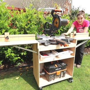 プラン: 車輪、延長アーム、フェンス、T トラック、ストップ ブロックを備えた DIY モバイル マイター ソー スタンド/ステーション | カット リスト | (デジタル ファイル)