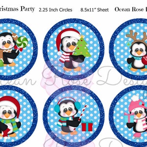 Penguin Holiday Party 2.25 inch circles Digital Collage Sheet Printable Cupcake Toppers, Labels, Tags, Scrapbooking image 3