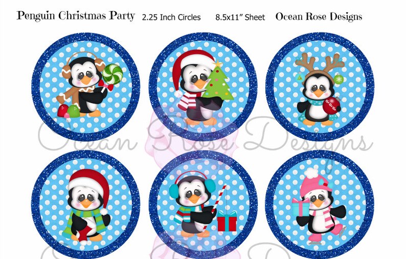 Penguin Holiday Party 2.25 inch circles Digital Collage Sheet Printable Cupcake Toppers, Labels, Tags, Scrapbooking image 3