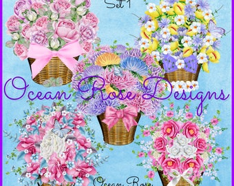 Watercolor Flower Basket, Digital Clipart Flowers, Mother's Day Bouquet, Wedding, Garden, Digital Graphics Clip Art PNG, Scrapbooking set