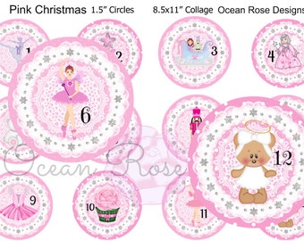 Pink Nutcracker Christmas Count down 1.5" circles Digital collage sheet printable