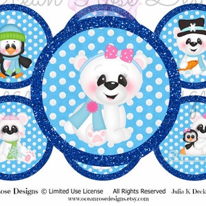 Winter friends Party  2.25 inch circles Digital Collage Sheet Printable Cupcake Toppers, Labels, Tags, Scrapbooking