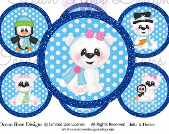 Winter friends Party  2.25 inch circles Digital Collage Sheet Printable Cupcake Toppers, Labels, Tags, Scrapbooking