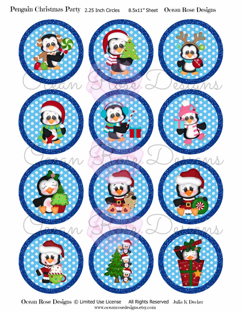 Penguin Holiday Party 2.25 inch circles Digital Collage Sheet Printable Cupcake Toppers, Labels, Tags, Scrapbooking image 5