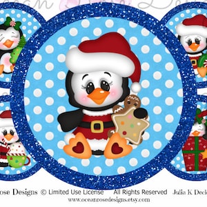 Penguin Holiday Party 2.25 inch circles Digital Collage Sheet Printable Cupcake Toppers, Labels, Tags, Scrapbooking image 1