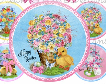 Digital Graphics Collage, Easter Baskets, 2.25" Collage Sheet, Watercolor, Happy Easter, Cupcake toppers, Printable, Circles, Party Papers