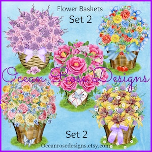 Aquarelle Flower Basket Set 2, Digital Clipart Flowers, Mother’s Day Bouquet, Mariage, Jardin, Digital Graphics Clip Art PNG, Scrapbook