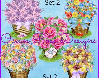 Watercolor Flower Basket Set 2, Digital Clipart Flowers, Mother's Day  Bouquet, Wedding, Garden, Digital Graphics Clip Art PNG, Scrapbook