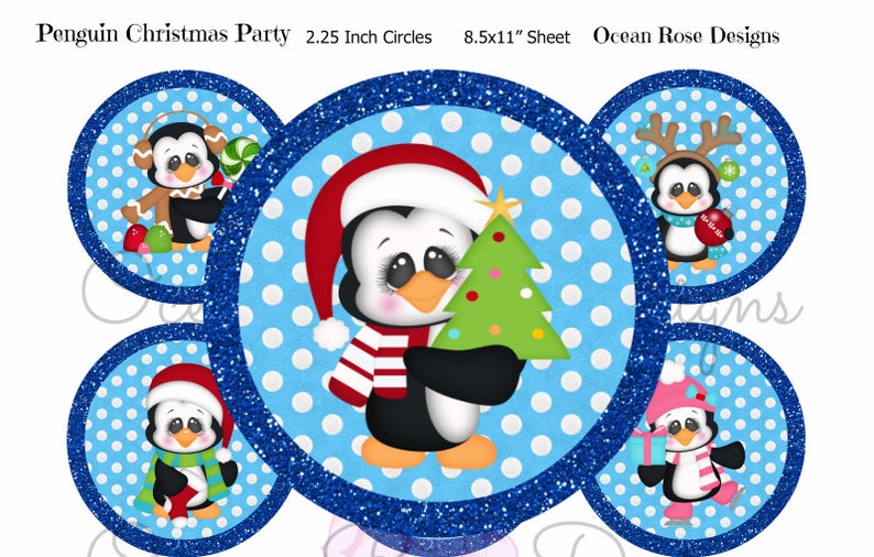 Penguin Holiday Party 2.25 inch circles Digital Collage Sheet Printable Cupcake Toppers, Labels, Tags, Scrapbooking image 2