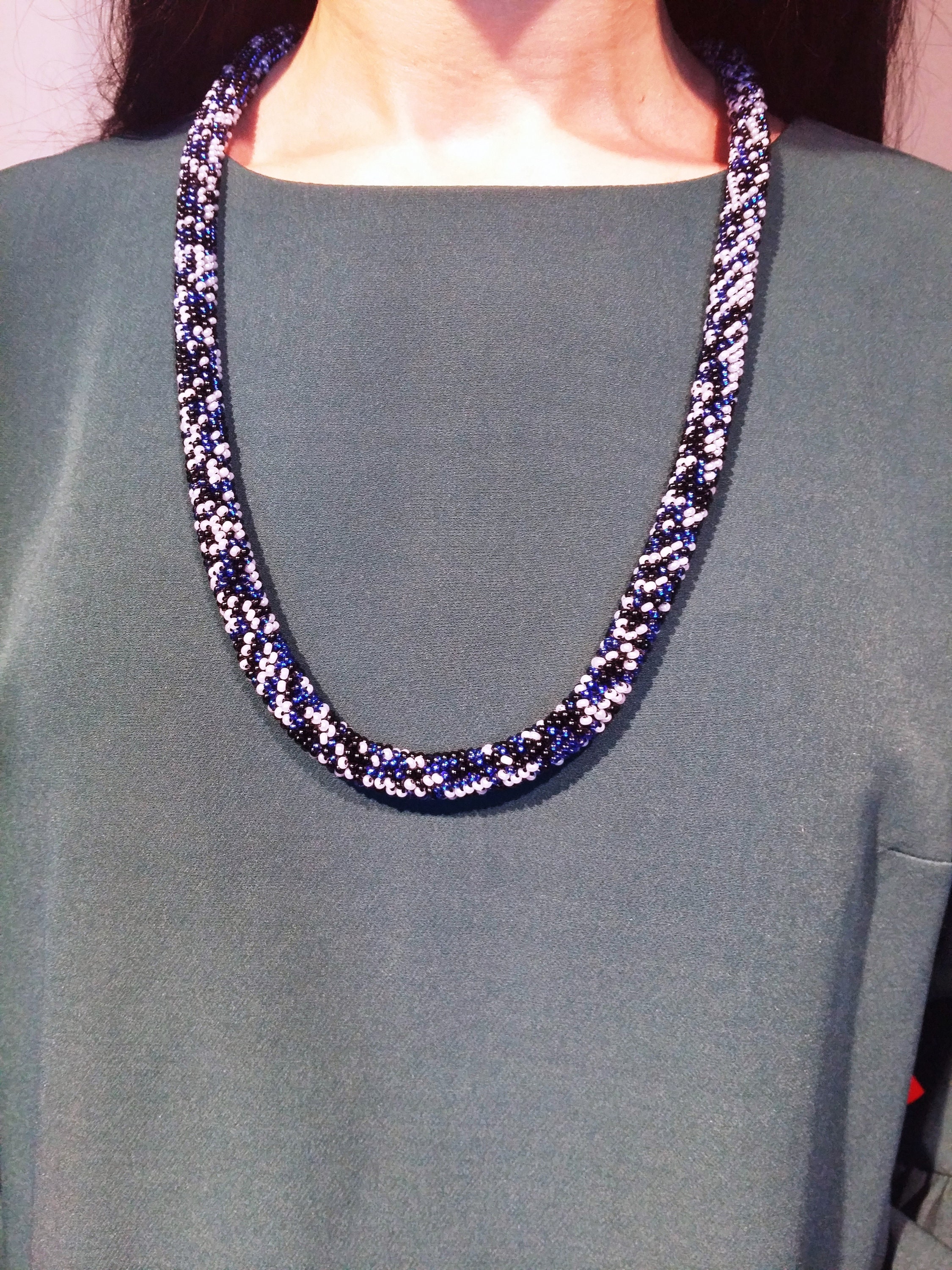 Long Crochet Rope Jewelry Beaded Seed Bead Necklace Blue White Etsy