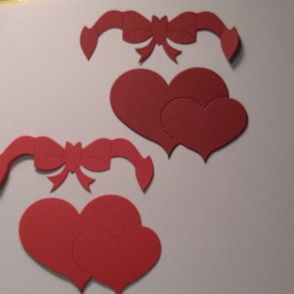 10 x Double Hearts Red Coloured Die-cut Hearts (With Banners) - 240gsm (5.5cm x 8cm) - Valentine/Romance-Cardmaking, Scrapbooking