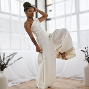 White Elegant Neoprene Stretch Wide Leg Cropped Stretch Jumpsuit, Asymmetrical High Fashion Jumpsuit, Cropped Leg,  Bridal Jumpsuit, Wedding