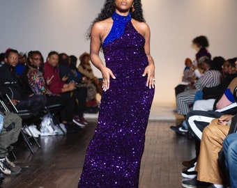 Blue and Purple Sequin Halter Gown