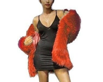 red patchwork fuzzy hooded coat