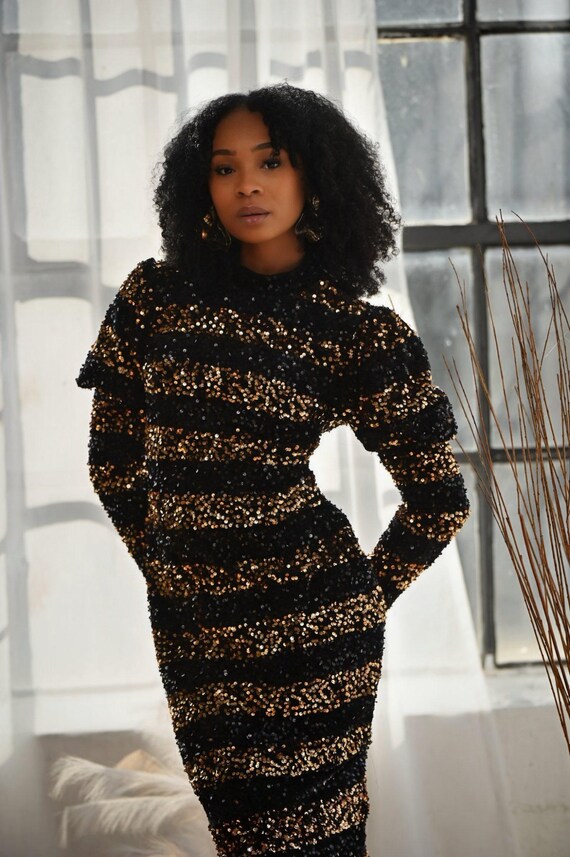 black dress with gold stripes Handmade Black & Gold Sequin Maxi Dress- Long Sleeve Evening Gown | High Neck Sequin Stripe Dress