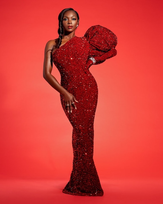 long sleeve red engagement dress Couture Red Sequin One-sleeve Gown | Valentine's Day Gala & Luxury Engagement  Dress