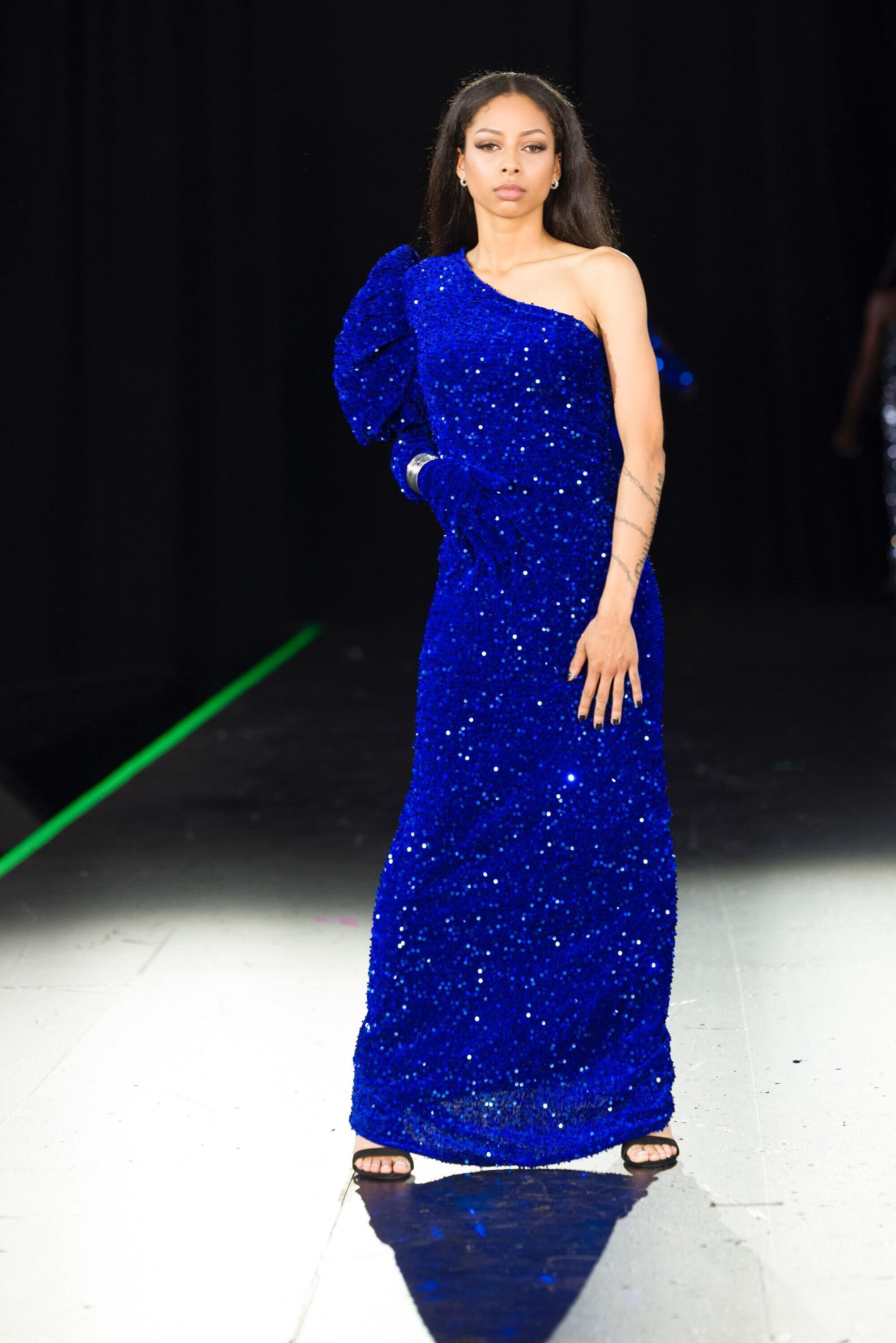 long sleeve royal blue sequin dress Gothic Royal Blue Sequin Evening Gown with Long Sheer Sleeves