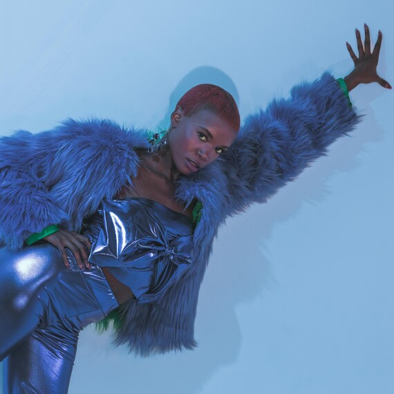 ブルーフェイクファーコート ブルーフェイクファーコートジャケット - Etsy 日本