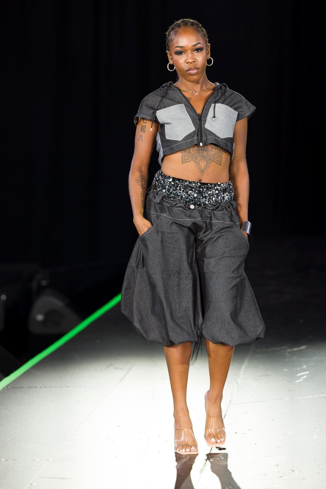 Oversized Dramatic Panel Denim and Sequin Capri Pants & Denim and ...