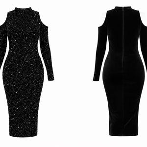 May include: Two black, long-sleeved dresses. The dress on the left is covered in sequins and has a high neckline and shoulder cutouts. The dress on the right is a solid black velvet with a zipper down the back and shoulder cutouts.