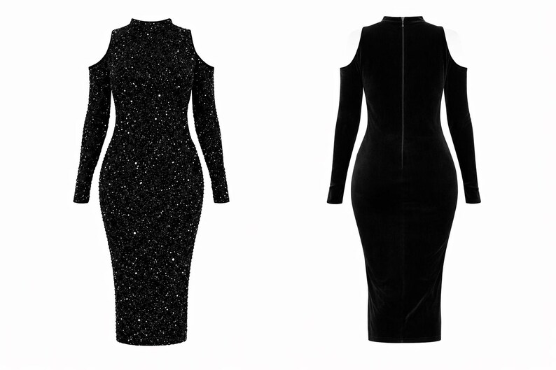 May include: Two black, long-sleeved dresses. The dress on the left is covered in sequins and has a high neckline and shoulder cutouts. The dress on the right is a solid black velvet with a zipper down the back and shoulder cutouts.