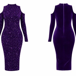 May include: A long-sleeved, knee-length dress in a deep purple hue. The front of the dress is covered in sparkling sequins, while the back is a smooth velvet. The dress features a high neckline and cut-out shoulders, with a zipper closure on the back.