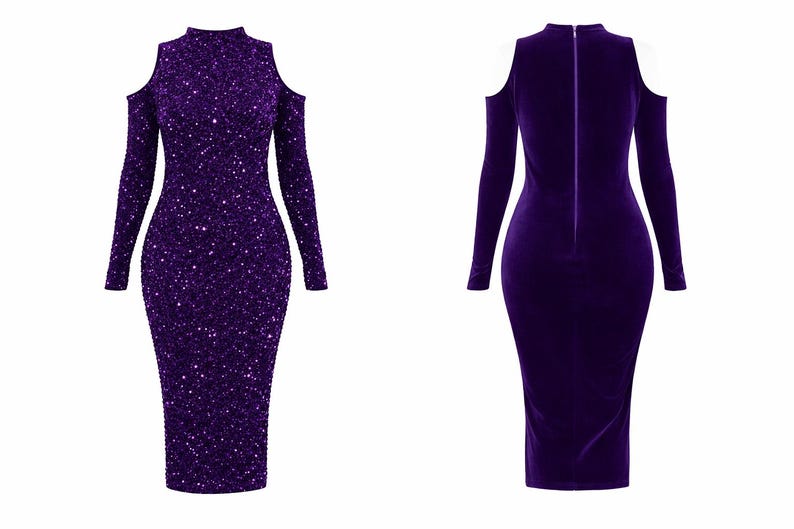 May include: A long-sleeved, knee-length dress in a deep purple hue. The front of the dress is covered in sparkling sequins, while the back is a smooth velvet. The dress features a high neckline and cut-out shoulders, with a zipper closure on the back.