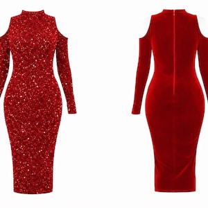 May include: A red, long-sleeved dress with a high neckline and shoulder cutouts. The front of the dress is covered in sequins, while the back is a solid red velvet. The dress is knee-length.