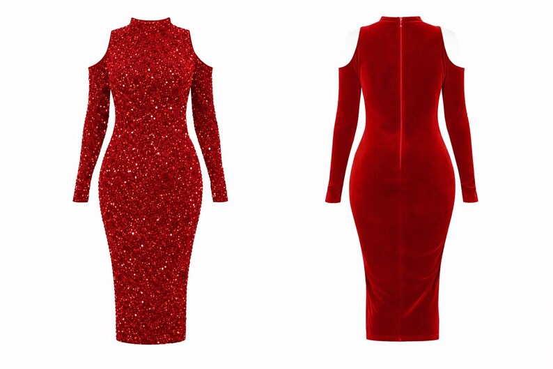 May include: A red, long-sleeved dress with a high neckline and shoulder cutouts. The front of the dress is covered in sequins, while the back is a solid red velvet. The dress is knee-length.