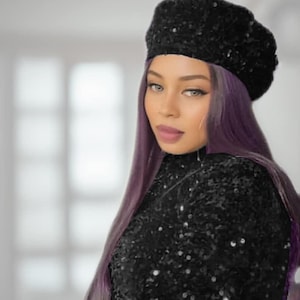 Classy and Elegant Black Sparkling Sequin French Beret, Black Hat, Black French Hat, Funeral Hat, Vintage Hat, Disco Hat, Disco Beret