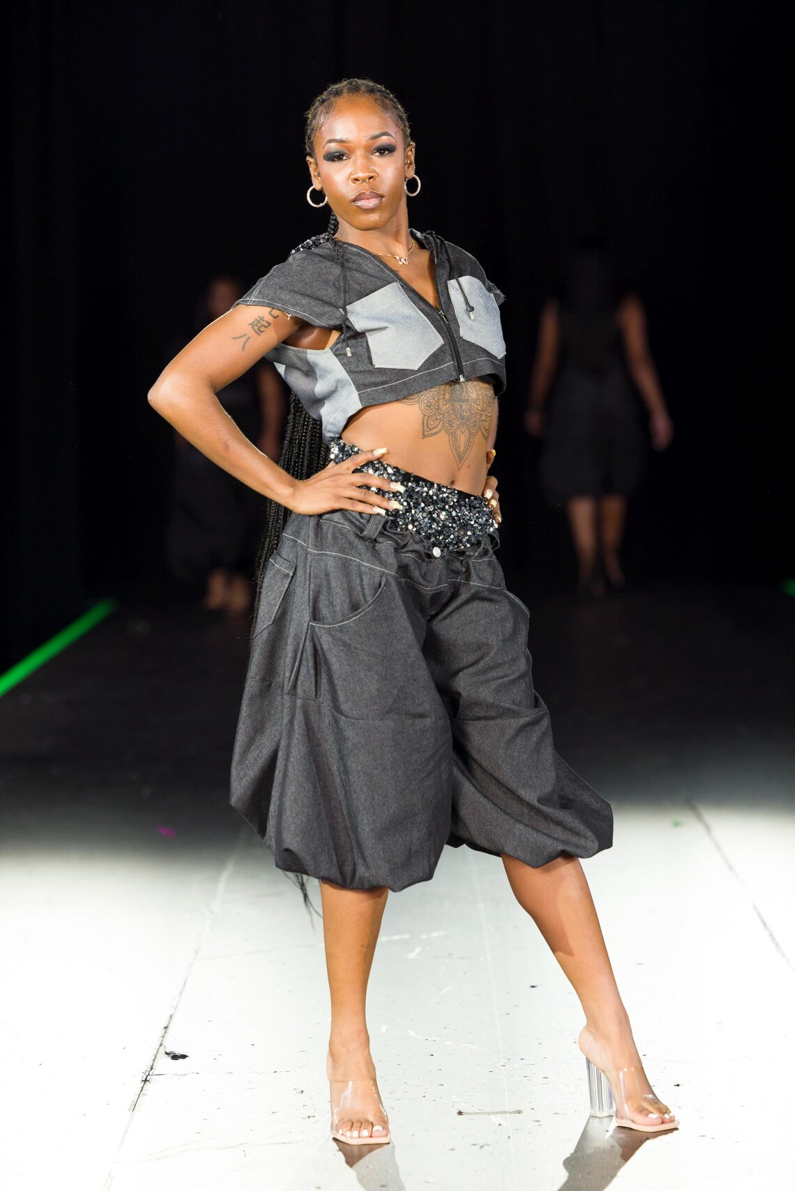 Oversized Dramatic Panel Denim and Sequin Capri Pants & Denim and ...