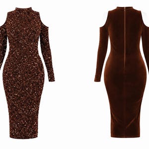 May include: A brown, long-sleeved dress with shoulder cutouts. The front of the dress is covered in sequins, while the back is a solid, smooth fabric. The dress has a high neckline and a knee-length hemline. The dress is designed for formal occasions.