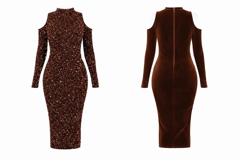 May include: A brown, long-sleeved dress with shoulder cutouts. The front of the dress is covered in sequins, while the back is a solid, smooth fabric. The dress has a high neckline and a knee-length hemline. The dress is designed for formal occasions.