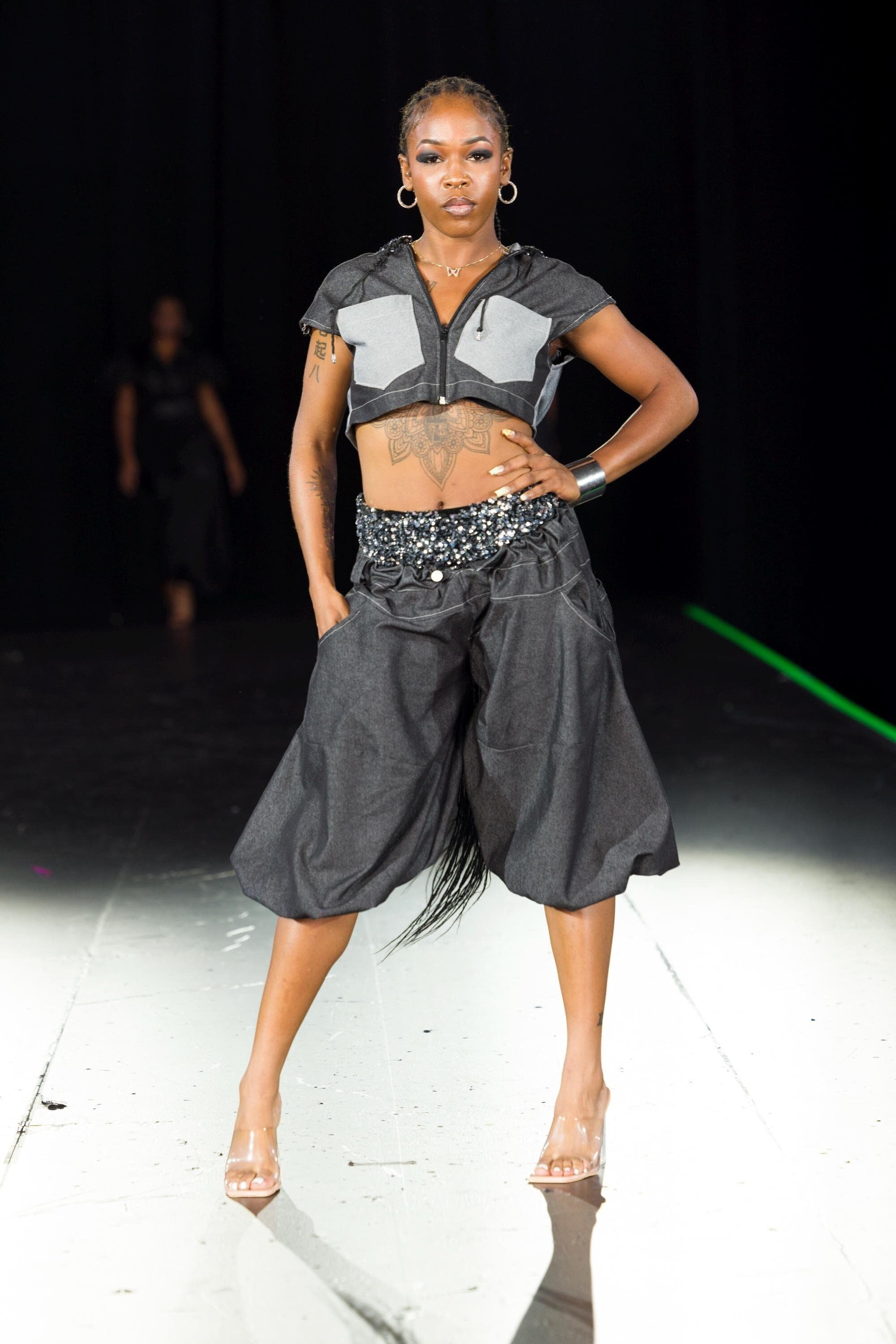 Oversized Dramatic Panel Denim and Sequin Capri Pants & Denim and ...