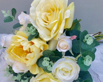 Soft Yellow Rose Wedding Bouquet - Artificial Wedding Bouquet - Brides Bouquet - Cream Roses - Rustic Wedding Bouquet - Country Wedding