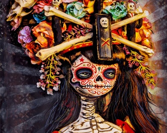 May include: A colourful Day of the Dead sugar skull with flowers and bones in her hair. The skull is painted with red, black and white details. The background is a dark, textured surface.