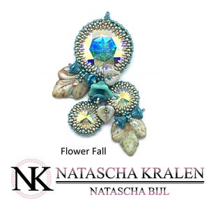 May include: A teal and gold beaded pendant with a large iridescent crystal in the centre. The pendant is shaped like a flower with leaves and is labelled "Flower Fall".