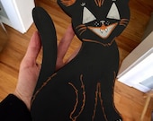 Halloween Wood Cut Black Folky Cat with Jack O Eyes Primitive Holiday Hand Painting