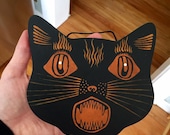 Halloween Wood Cut Black Folky Scaredy-cat Primitive Holiday Hand Painting