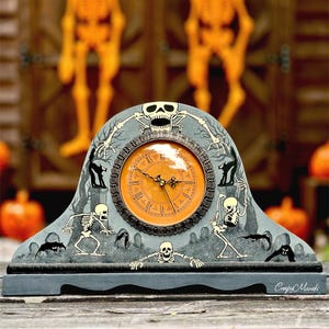 Large 18” Hand-Painted Skeleton Dance Mantle Clock - OOAK Halloween Folk Art - Silent Mechanism