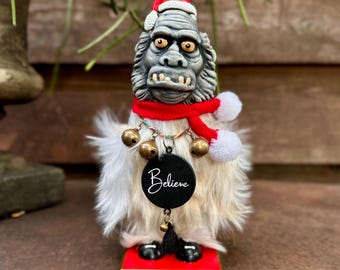 Hand sculpted Christmas Yeti Sasquatch Bigfoot Nutcracker hand painted Believe