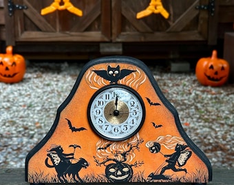 Hand Painted OOAK Vintage Halloween Wooden Halloween Fairy Mantle Clock